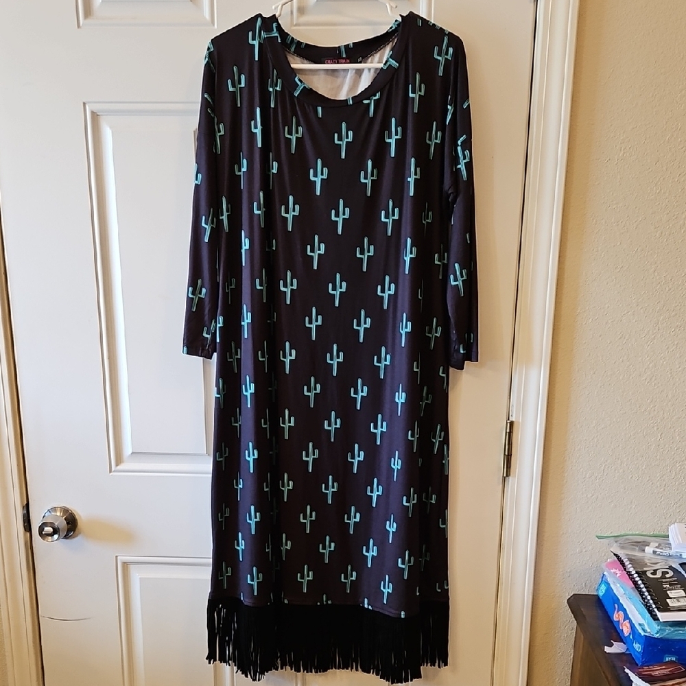 Crazy Train Black and Green Cactus Print Dress With Suede Fringe Bottom